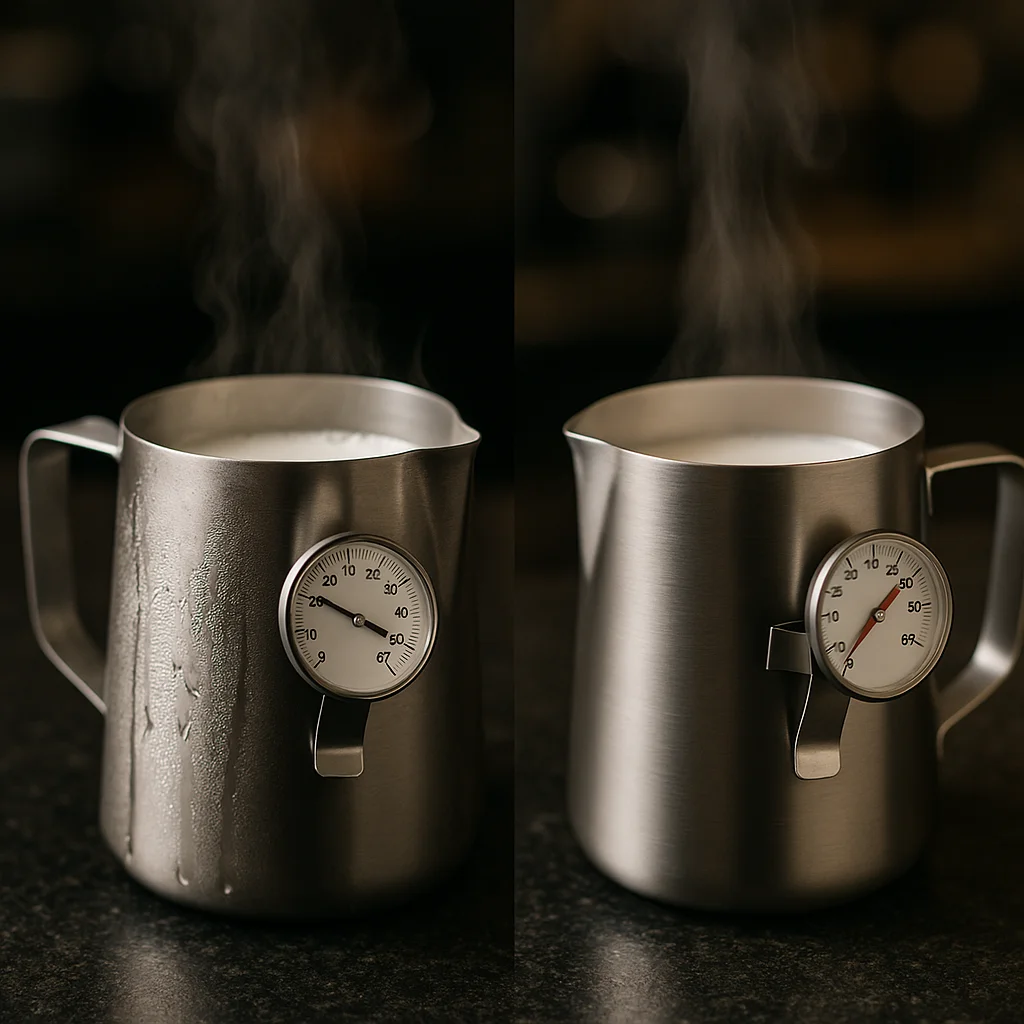 Side-by-side thermometer readings in two steaming pitchers — one starting from fridge-cold milk, the other from room-tem