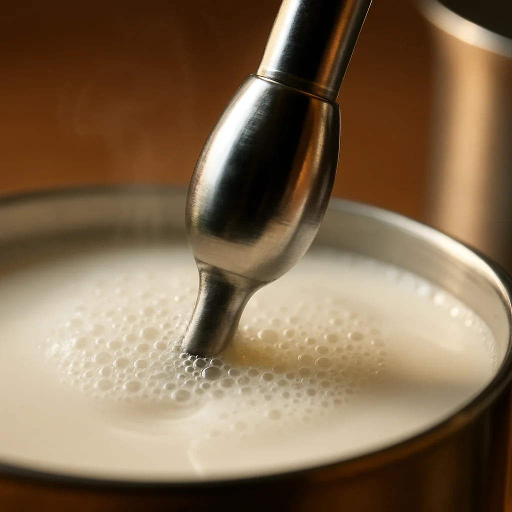 Close-up side view of a steam wand tip positioned just at the milk surface during the stretching phase, with small bubbl