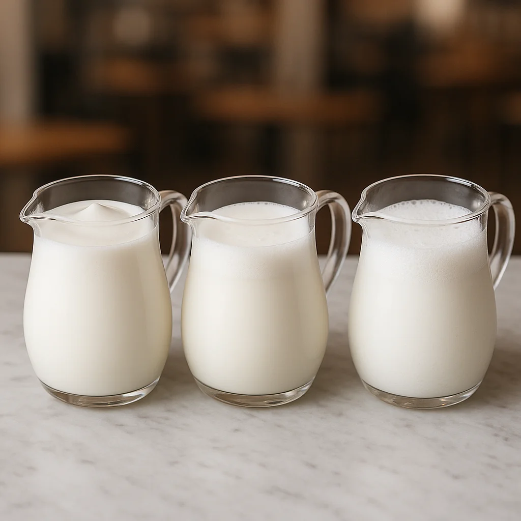 Side-by-side comparison of steamed whole milk, 2% milk, and skim milk in identical pitchers, showing visible differences