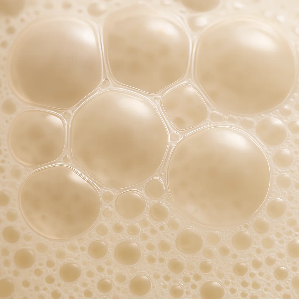 Microscopic or macro close-up showing the structure of milk foam bubbles, with visible lamellae between bubbles of varyi